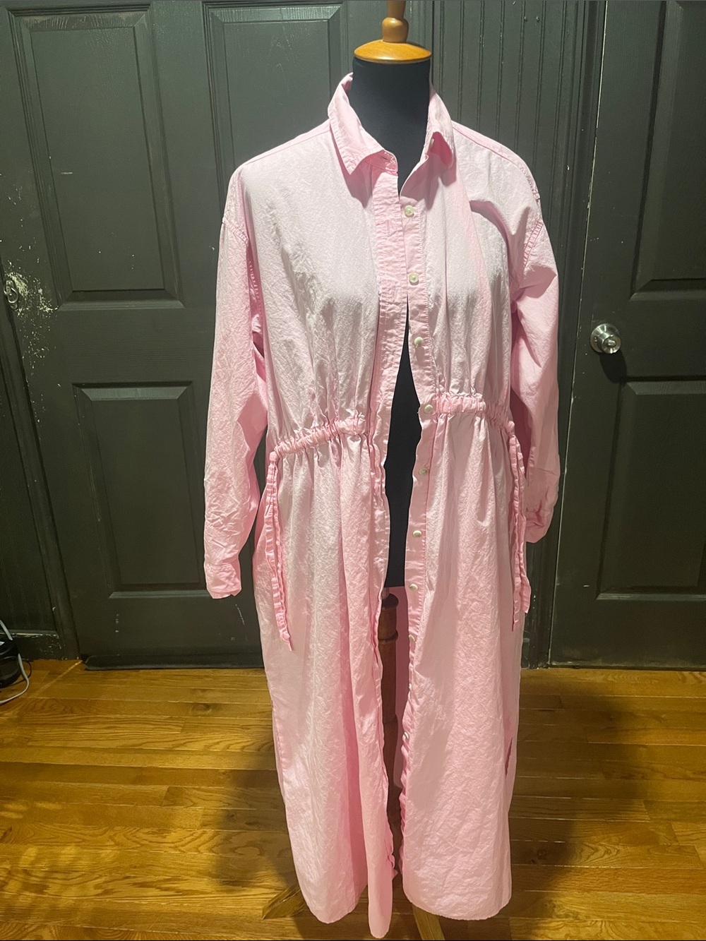Light Pink Long Button-Front Women’s Coat with Drawstring Waist